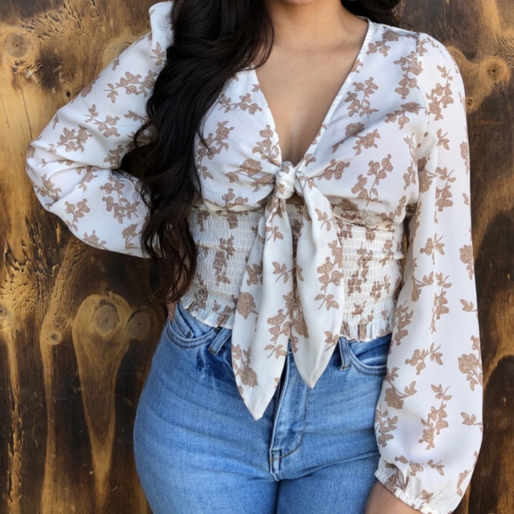 Hazel Floral Self Tie / Smocked Top ( Ivory )